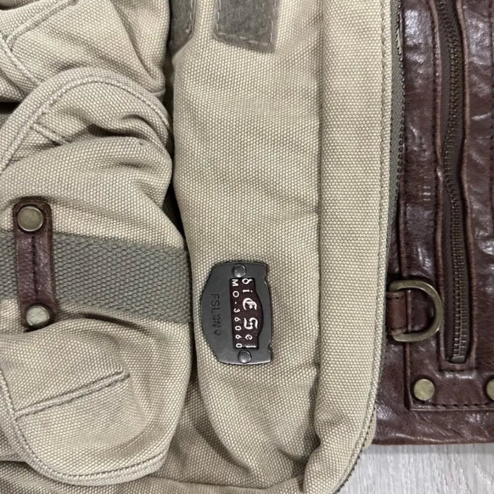 Y2K Diesel Cyber Techwear Leather&Canvas Bag Khaki Multipocket Utility Cargo Bag - Picture 2 of 5